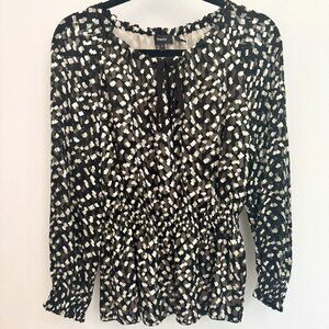 Theory Silk-blend Peplum Blouse Black and White Pattern